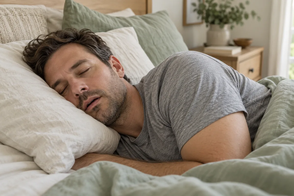 Illustrative adult man resting on his side with his lips slightly parted on a linen pillow.